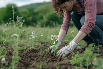 A woman is planting flowers in a garden, she is wearing gloves and is kneeling down in the soil.