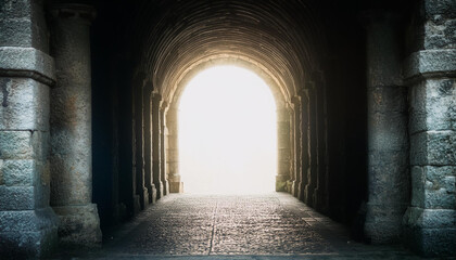 Fototapeta premium Magic stone gate with light coming through pillars. Old arch. Mysterious portal to another world.