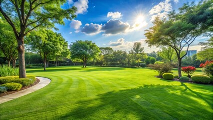 Naklejka premium Fresh green lawn in outdoor nature setting, perfect for landscaping and parking areas with copy space
