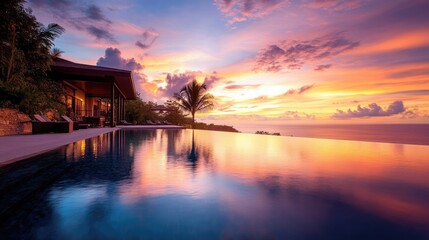 Fototapeta premium A picturesque resort with an infinity pool at sunset, showcasing the ultimate in relaxation and luxury.