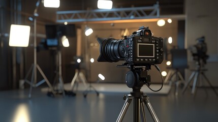 A professional video interview setup with soft lighting, a DSLR camera on a tripod, and a microphone, all ready for recording.