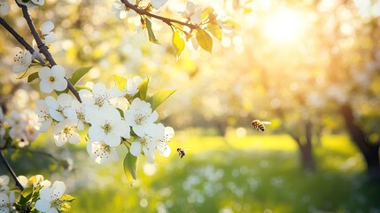 Obraz premium Peaceful Spring Orchard with Fruit Trees in Blossom, Soft Sunlight Filtering Through Branches, and Bees Buzzing Among the Flowers. AI generated illustration