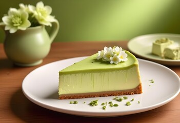 sketch lines, A slice of green tea cheesecake with a smooth, creamy texture and a light green color. The cake is garnished with small white flowers or petals, likely matcha or green tea flavored. 