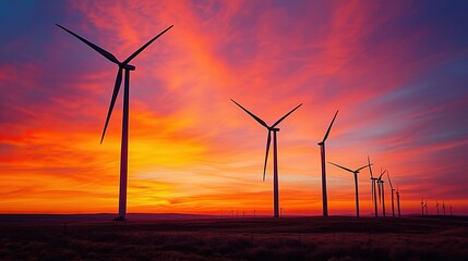 A row of wind turbines standing tall against a fiery sunset, with the sky ablaze in orange and pink hues