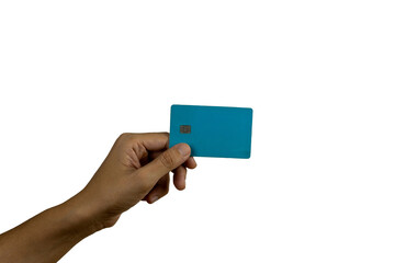 Woman's hand holding a credit card isolated on white background.