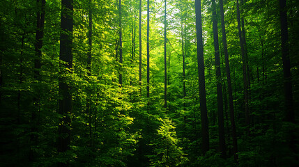 Sunlight filtering through the dense canopy of a lush green forest.  AI generated