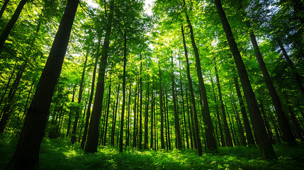 Fototapeta premium A view looking up through a dense, green forest with sunlight filtering through the canopy. AI generated