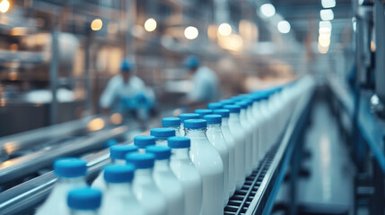 Fototapeta premium A photo of milk bottles on the production line at an industrial plant