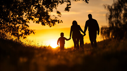 Silhouettes of a family holding hands as they walk into the sunset.  The sun creates a warm glow over the landscape.  AI generated