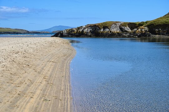View of Aberffraw beach. White sandy beach in Anglesey. Wales, United Kingdom, Europe. 