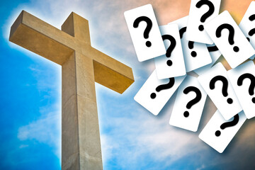 DOUBTS AND UNCERTAINTIES ABOUT FAITH CONCEPT with christian cross and question mark