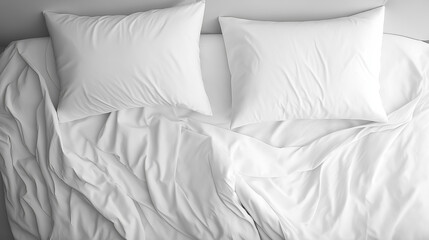 White bedding sheets and pillow background, Messy bed concept created with generative ai technology