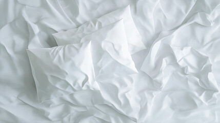 Obraz premium White bedding sheets and pillow background, Messy bed concept created with generative ai technology