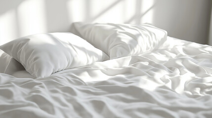 White bedding sheets and pillow background, Messy bed concept created with generative ai technology