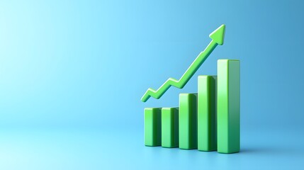 Green upward trend graph on blue background representing business growth, success, and positive financial performance.