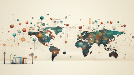 Global Communication Network Digital World Map with Cityscapes and Data Points