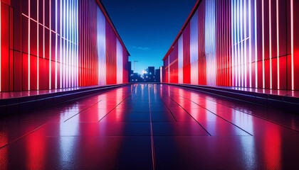 Fototapeta premium Retro manga style with red and white color blocks, purple neon light on wet road and lots of open space on the side.