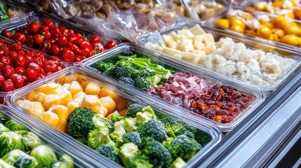 Obraz premium A variety of frozen foods, including vegetables, meats, and desserts, neatly arranged in a supermarket freezer.