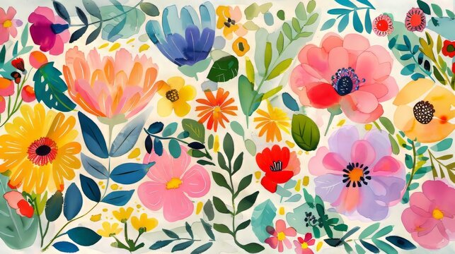 Whimsical naive watercolor floral composition with soft pastel flowers and delicate green leaves, ideal for artistic backgrounds, nature-themed designs, greeting cards, wedding invitations, and spring