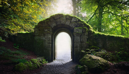 Fototapeta premium Magic stone gate with light coming through pillars. Old arch. Mysterious portal to another world.