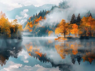 Autumn reflections on a tranquil lake surrounded by colorful trees in a mountain valley