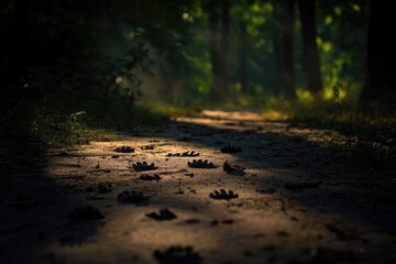 Obraz premium A tranquil forest path illuminated by soft light, adorned with distinct paw prints, evoking a sense of mystery and nature.