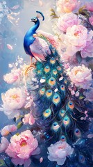 Beautiful peacock standing on a peony flower, noble and elegant, with a large feather tail shining brightly
