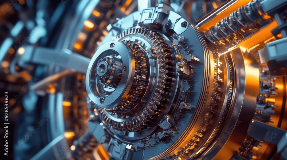 Poster detailed view of the intricate gears and mechanical parts inside a wind turbine, showing the complex