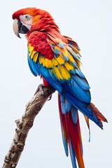 A scarlet macaw perches on a branch, showcasing its vibrant red, blue, and yellow feathers against a white background.