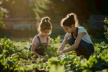 Fototapeta premium Two young girls are gardening together in a lush green garden. They are planting vegetables and enjoying the outdoors.