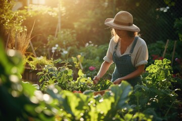 A woman in a straw hat is seen harvesting fresh vegetables in her garden, bathed in the golden glow of the setting sun.