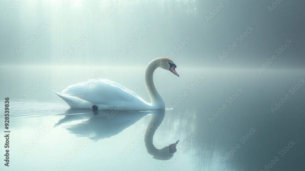 Sticker Elegant Swan in a Misty Morning