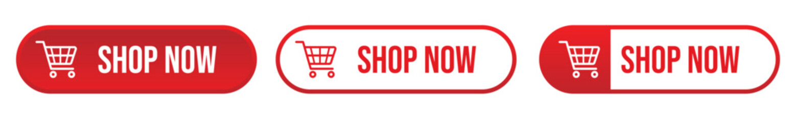 Shop now buttons set vector. Buy now button for online shop. Modern colorful buttons for website design.