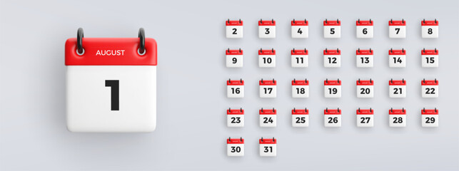 3D calendar icon with date from 1 to 31 of August on gray background. Vector schedule symbol collection.