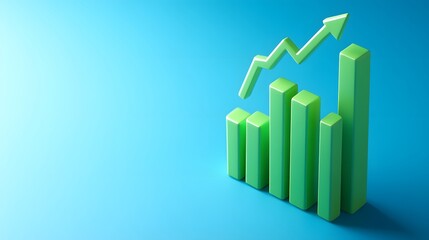 Growing green bar graph with ascending arrow on blue background, representing business growth, finance, and positive trends.