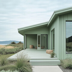 A pastel green house with a minimalist front porch clean lines