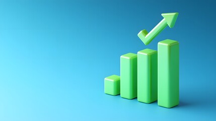 Growing green bar graph with upward arrow on a blue background symbolizing business success, growth, and financial investment.
