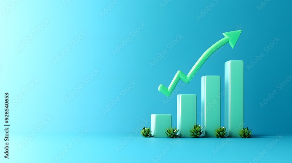 Poster growth graph with rising arrow and bar chart concept in green on a blue background, representing bus
