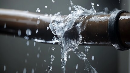 Close-up of a damaged household water pipe with water splashing out