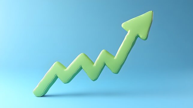 Illustration of a green upward arrow representing growth or success on a light blue background. Perfect for business or finance related content.
