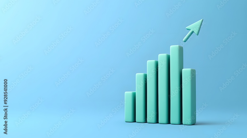 Poster minimalist 3d bar chart with ascending columns and upward arrow on blue background, symbolizing busi