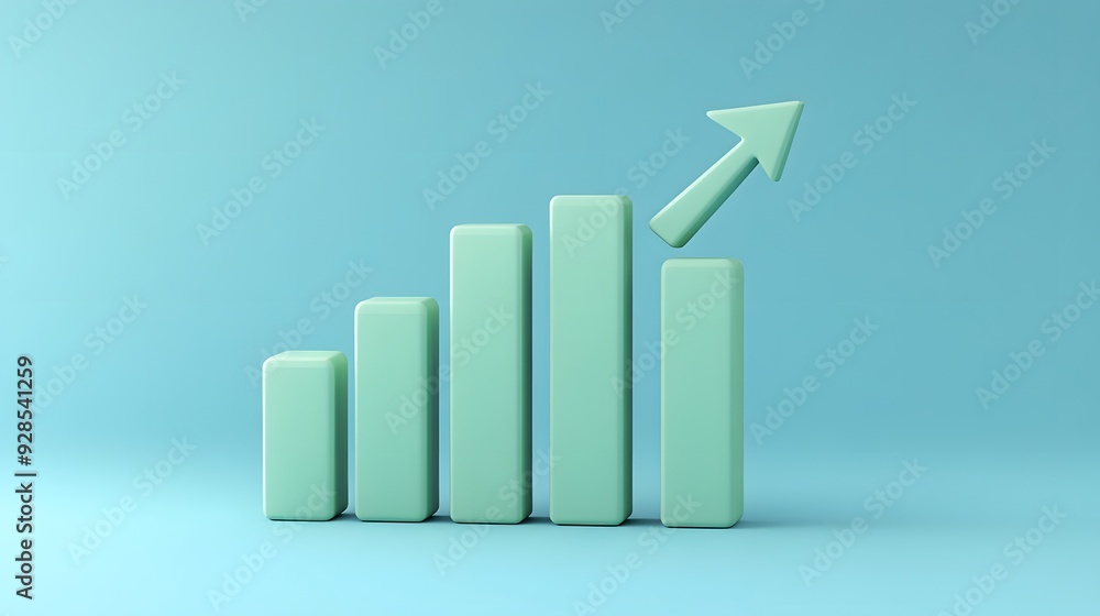 Poster minimalist 3d rendering of a bar chart with rising arrow indicating growth, success, and progress on