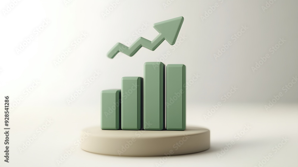 Poster minimalist 3d rendering of a bar chart with an upward arrow on a neutral background, symbolizing gro