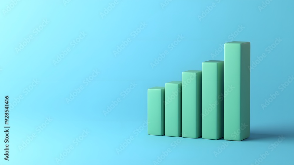 Poster minimalist bar chart with vertical columns on a light blue background, representing data growth and 