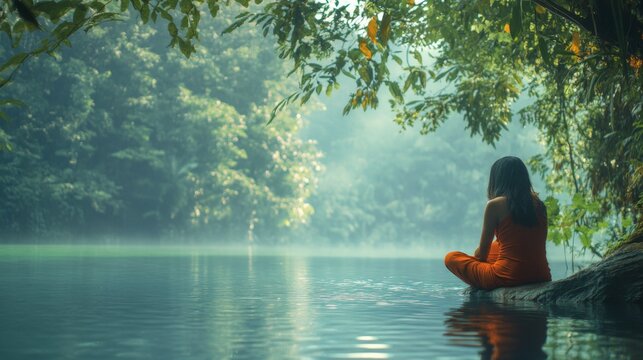 Girl sitting under a tree by the lake, AI generated Image