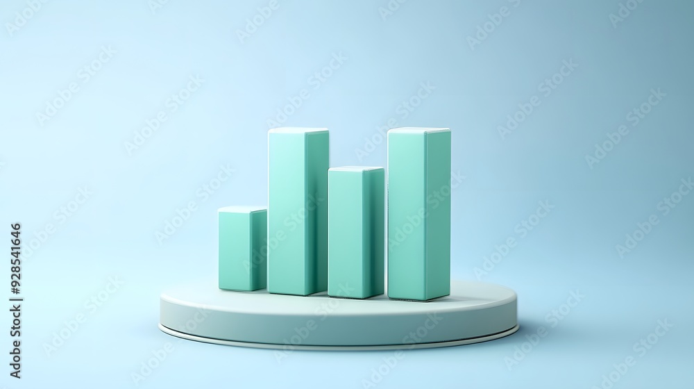 Poster minimalistic 3d bar chart on a round platform against a soft blue background, showcasing data repres