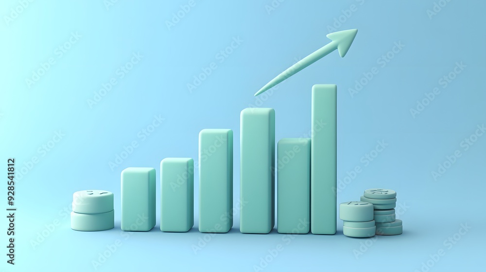 Poster minimalistic bar graph showing upward growth with an arrow and stacked coins on a light blue backgro