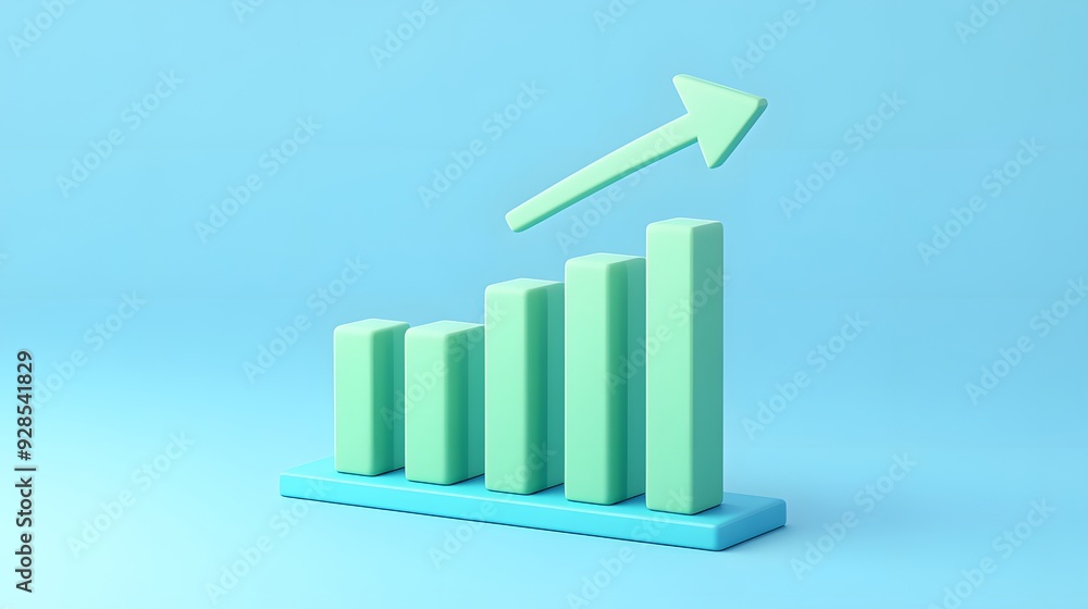 Poster minimalistic bar graph with upward arrow showing growth and progress on a blue background, represent
