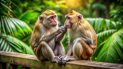 Naklejka premium Two adult monkeys sit together on a rustic wooden fence, tenderly grooming each other's fur, surrounded by lush green foliage in a tropical forest setting.