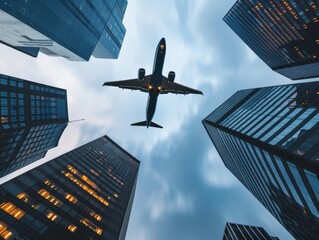 Airplane flying above tall skyscrapers in a bustling city during cloudy evening